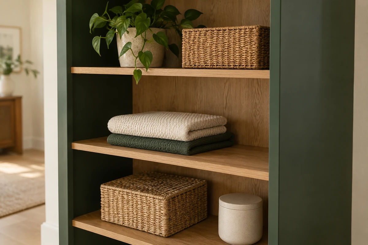 Straight wardrobe shelves and storage inside an oak interior