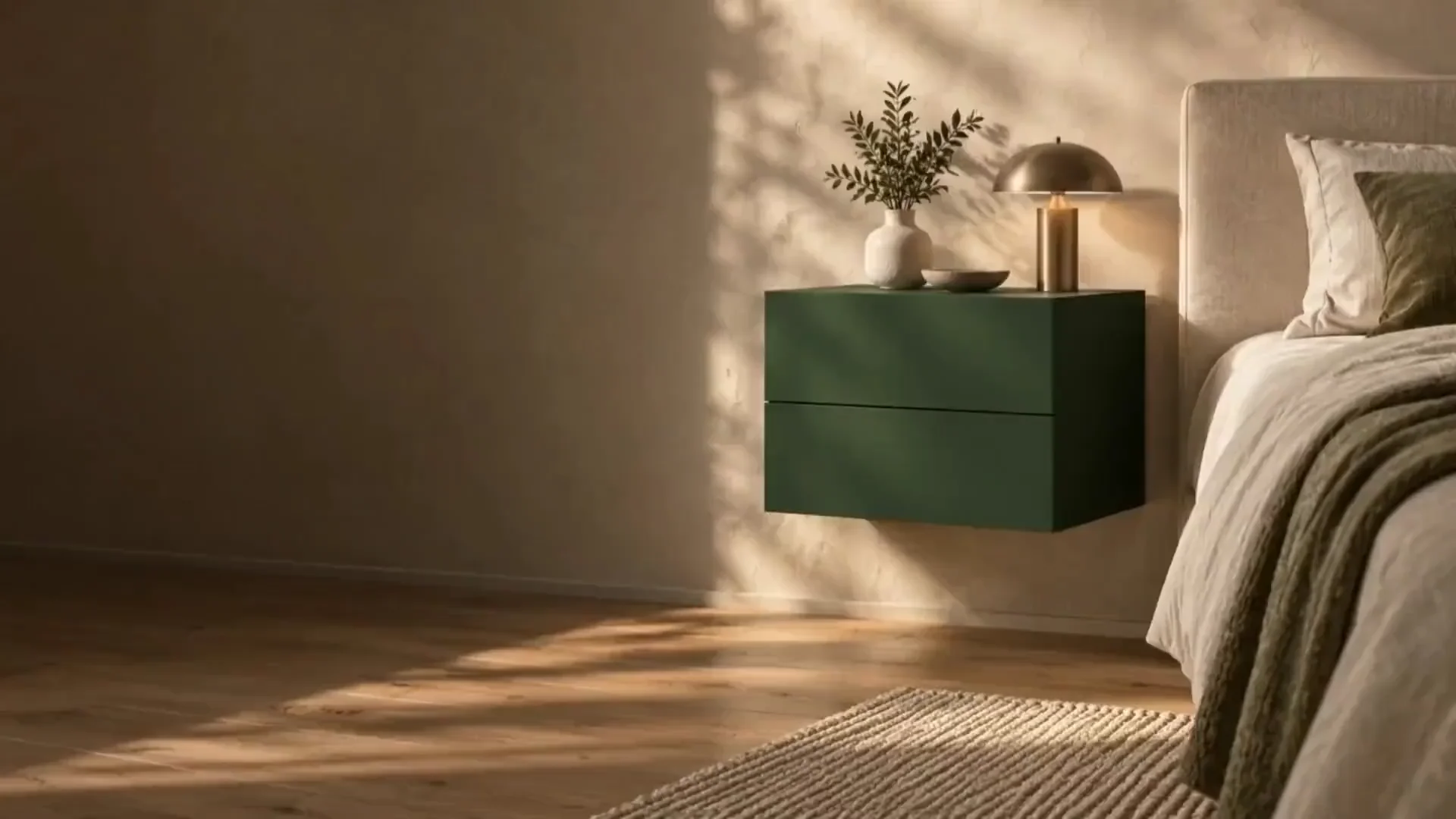A forest green floating bedside cabinet with two handleless drawer fronts in a warm bedroom