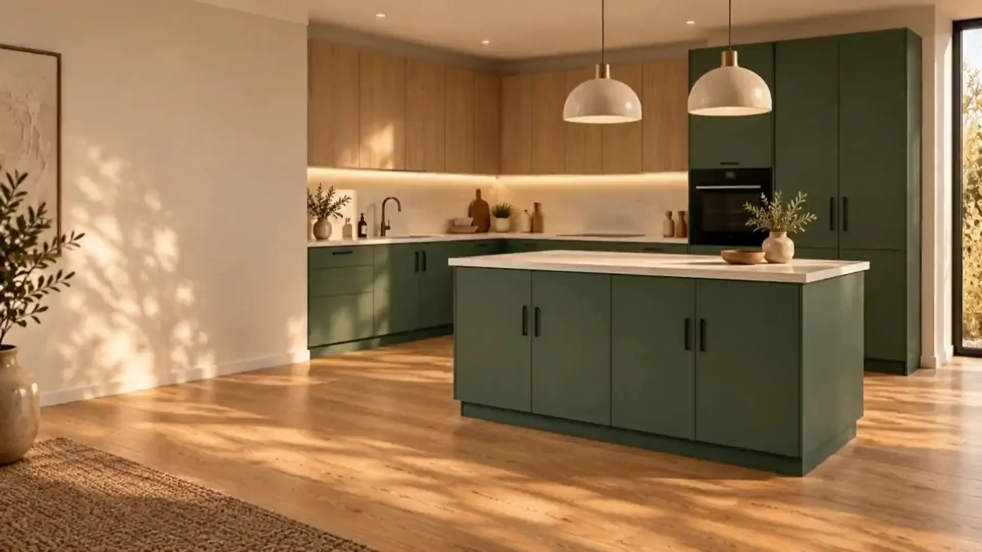 Illustrative complete forest-green and oak kitchen with a four-door storage island.