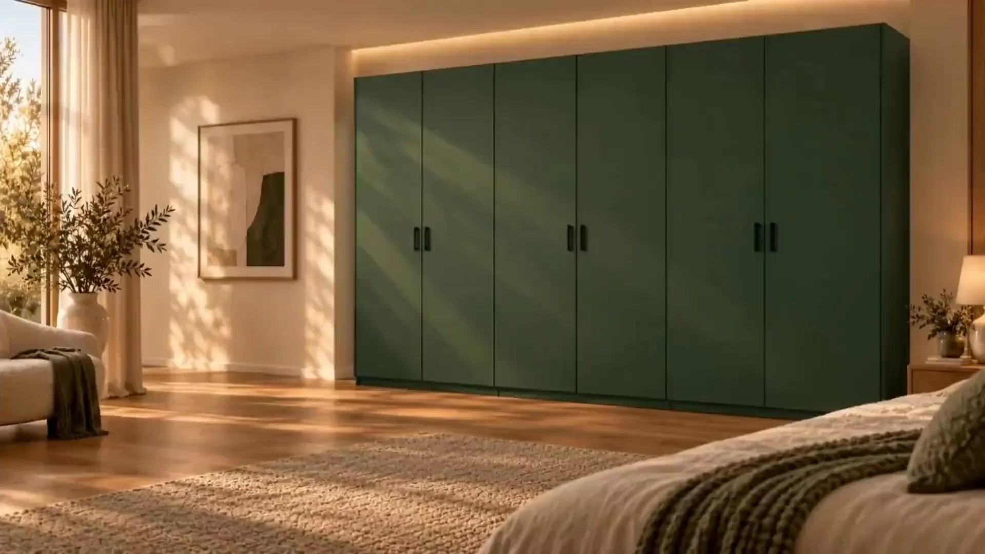 Illustrative warm bedroom with a complete six-door forest-green wardrobe and central shelving and hanging storage.