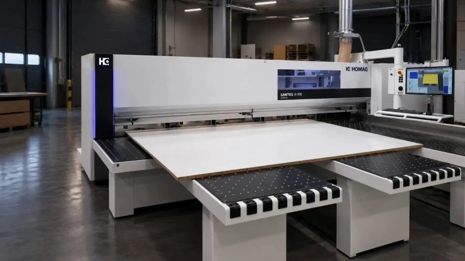 Illustrative panel-cutting equipment with a rigid white-faced sheet on stationary support tables