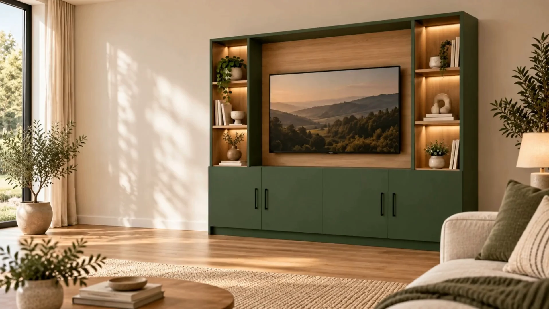 Illustrative forest-green media storage with two display towers and four base doors around a television zone