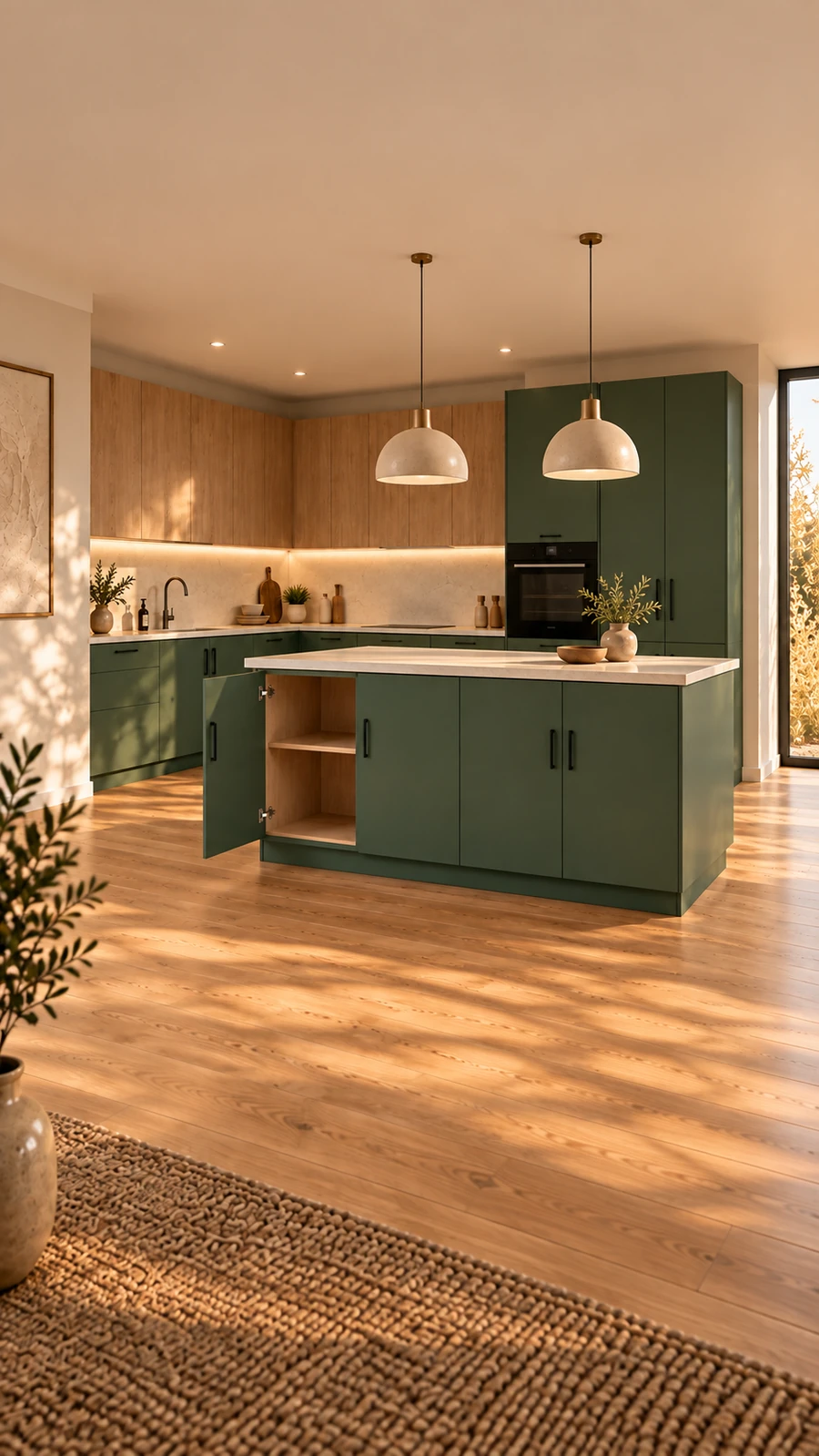 A complete forest-green and oak kitchen with a four-door storage island and one open door